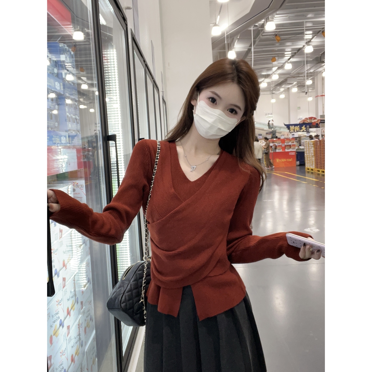Actual shot of autumn and winter Korean style irregular cross double-layer design Andy velvet sweater bottoming long-sleeved sweater