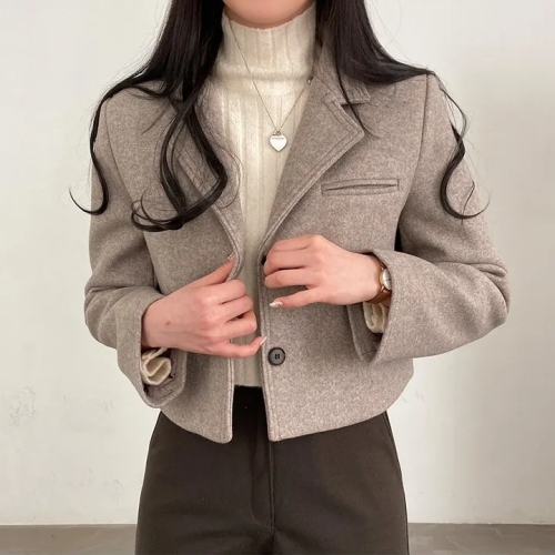 chic Korean winter retro simple high-end suit collar single-breasted thickened short woolen suit jacket