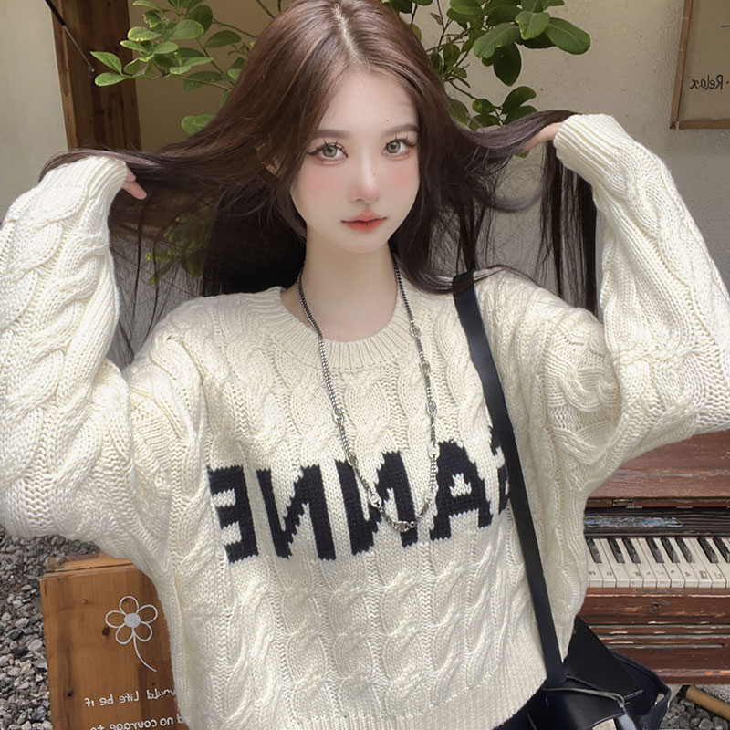 Korean Version New Crochet Letter Long-Sleeve Hooded Knit Sweater Autumn Casual Soft and Cute Youthful Short-Sleeve Sweater