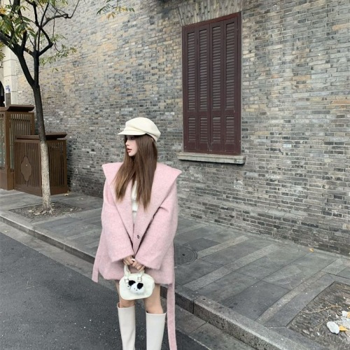 Gray hooded long-sleeved woolen coat, loose, lazy, mid-length, elegant cardigan coat