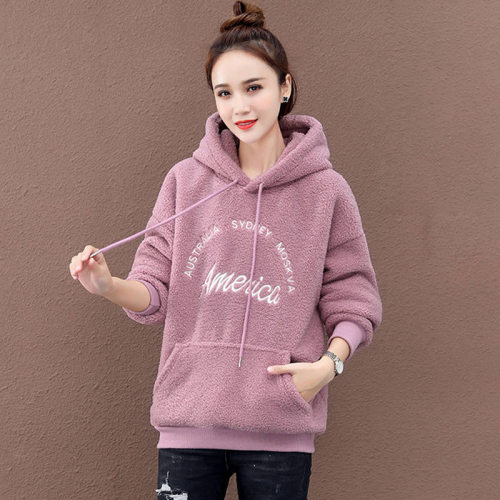 Velvet thickened imitation lamb wool sweatshirt for women 2024 autumn and winter new Korean style loose hooded warm jacket for women