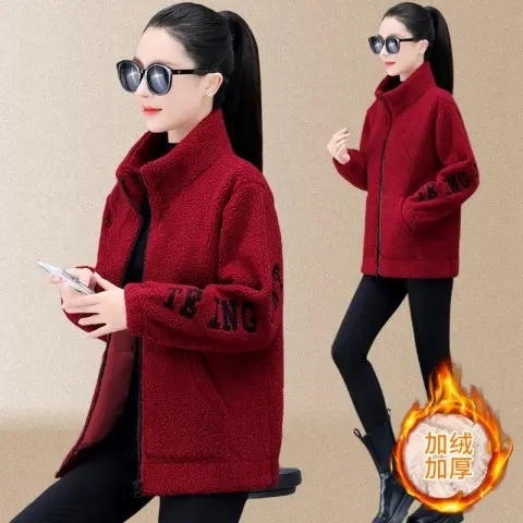 Lamb wool plus velvet 2024 new autumn and winter loose Korean style zipper cardigan thickened lamb wool jacket