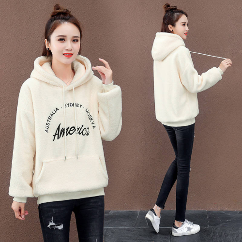 Velvet thickened imitation lamb wool sweatshirt for women 2024 autumn and winter new Korean style loose hooded warm jacket for women