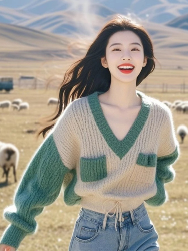 Green Plaid V-neck Knit Sweater for Women - 2024 Autumn/Winter New Loose Lazy Style Color-blocked Soft Knit Top