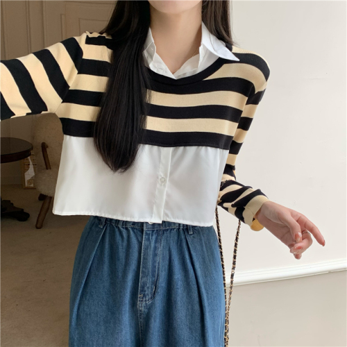 Actual price Striped stitching fake two-piece long-sleeved shirt for women with design sense Polo collar short top