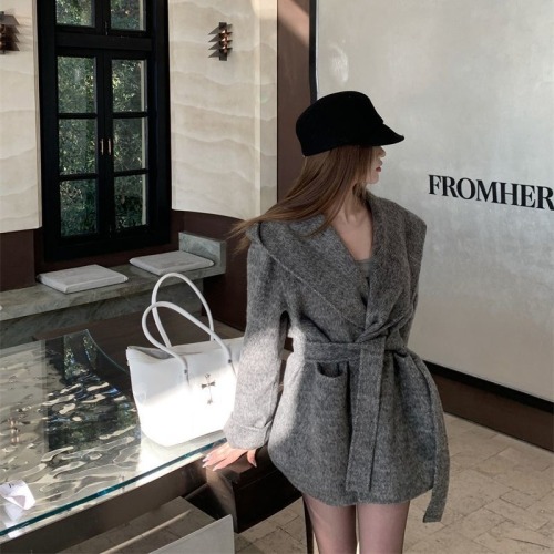 Gray hooded long-sleeved woolen coat, loose, lazy, mid-length, elegant cardigan coat