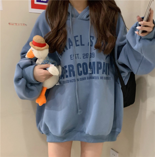 Korean style new autumn and winter thickened velvet loose printed hooded sweatshirt for women