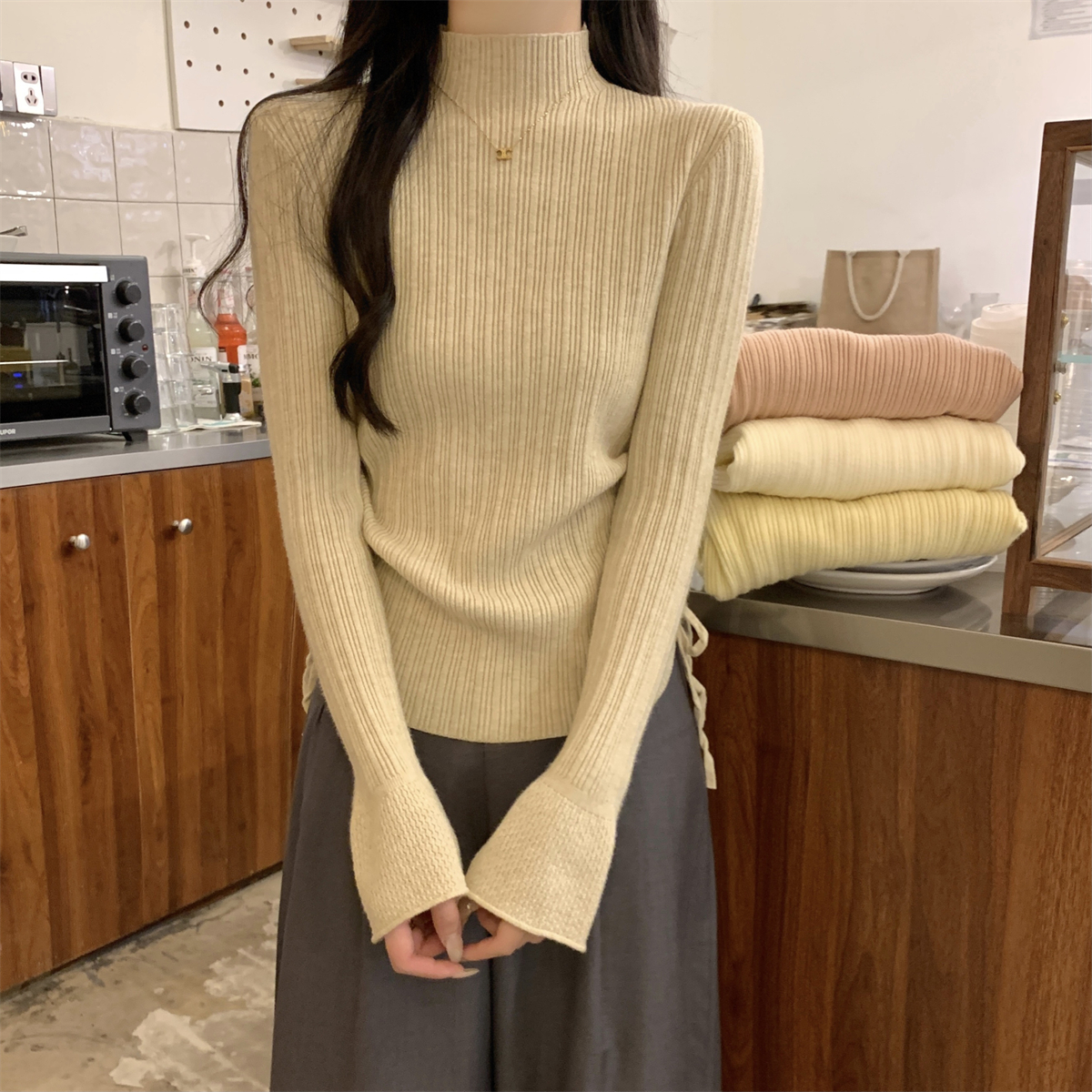 Real shot of autumn and winter Korean style half turtleneck drawstring design Andy velvet sweater bottoming long-sleeved sweater for women