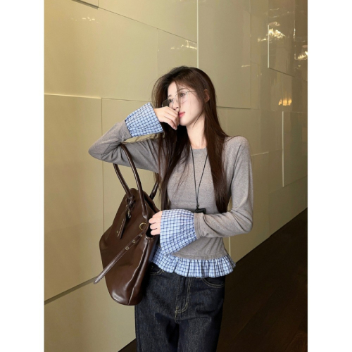 Casual retro fake two-piece long-sleeved round neck plaid T-shirt for women autumn slim fit top