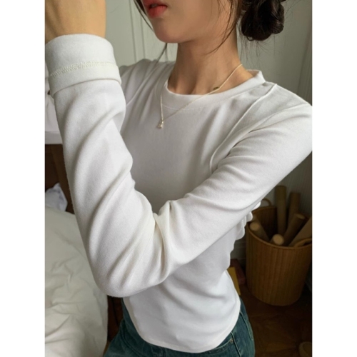 Official picture of high-elastic ribbed German velvet slim round-neck brushed bottoming shirt, versatile solid color long-sleeved T-shirt