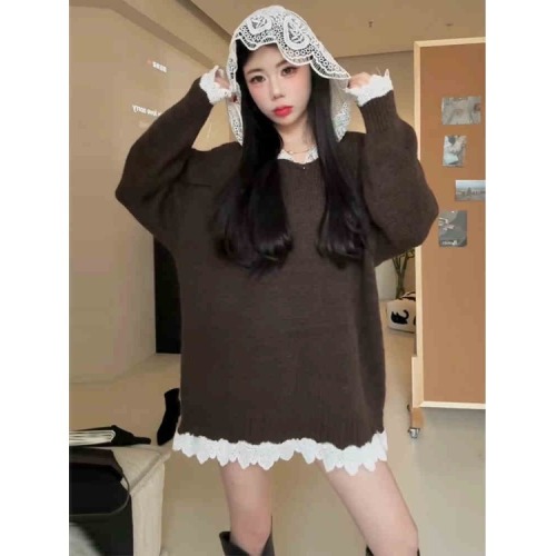 Designed splicing lace hooded sweater for women in autumn and winter new retro soft and waxy loose slimming bottoming sweater