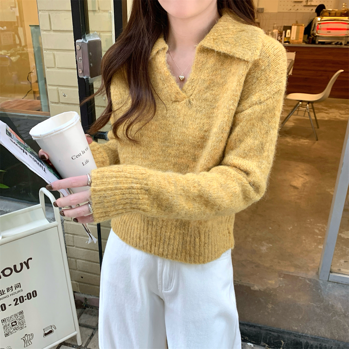 Real shot of autumn and winter Korean style versatile polo collar design with wool sweater long-sleeved inner sweater top