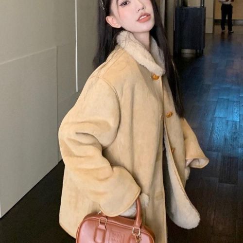 Lamb wool coat women's winter cotton coat new style plus velvet thickened design warm retro suede fur integrated