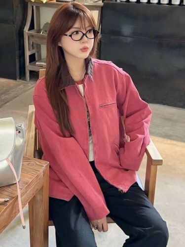 Pure cotton retro contrasting color lapel jacket for women early autumn design niche loose top trendy workwear Detroit jacket