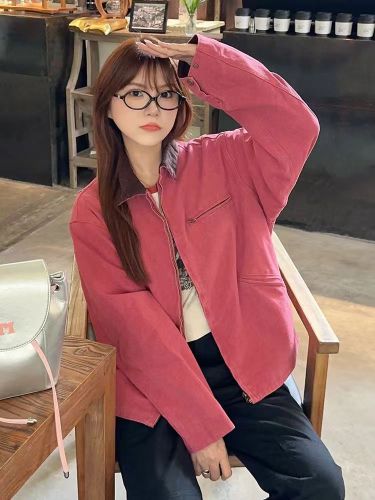 Pure cotton retro contrasting color lapel jacket for women early autumn design niche loose top trendy workwear Detroit jacket