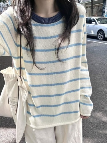 Striped contrast color sweater for women in autumn and winter new soft and waxy long-sleeved round neck pullover slimming versatile Korean style sweater top