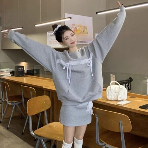 Korean foreign trade bow lace splicing gray sweatshirt women's design Korean style loose lazy style top