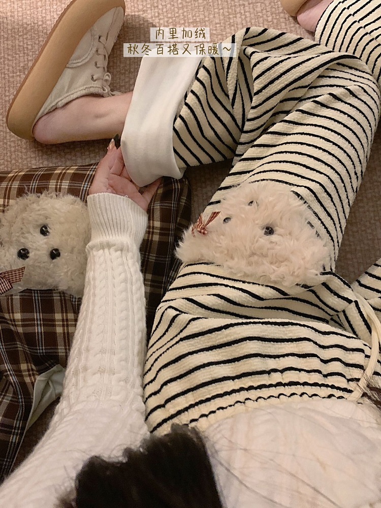 Hand-painted Cute Plush Puppy Fleece-lined Thick Casual Pants Autumn/Winter High-waisted Drawstring Flowy Wide-leg Pants Floor-length Pants