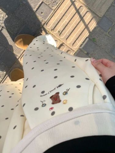 1520 Cute Sweet Girl Bear Embroidered Polka Dot Casual Pants for Women Autumn/Winter Fleece Loose Wide Leg Glutinous Rice Style Underwear