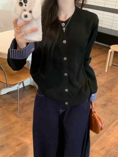 Real shot plaid splicing age-reducing knitted cardigan for women fake two pieces soft waxy sweater jacket