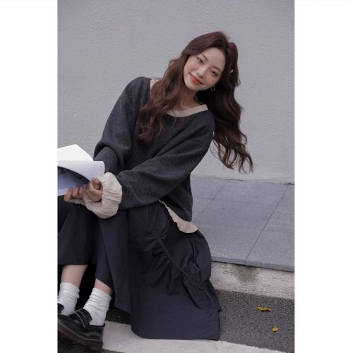 Korean foreign trade autumn and winter lazy style casual tops 2024 new autumn new retro splicing tops