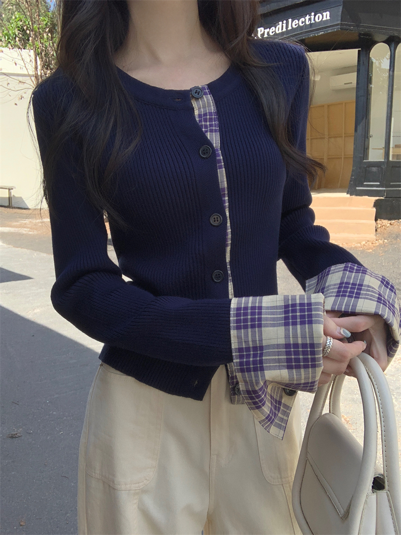 實拍 真 秋冬新款拼接格子假兩件長袖針織開衫毛衣外套女