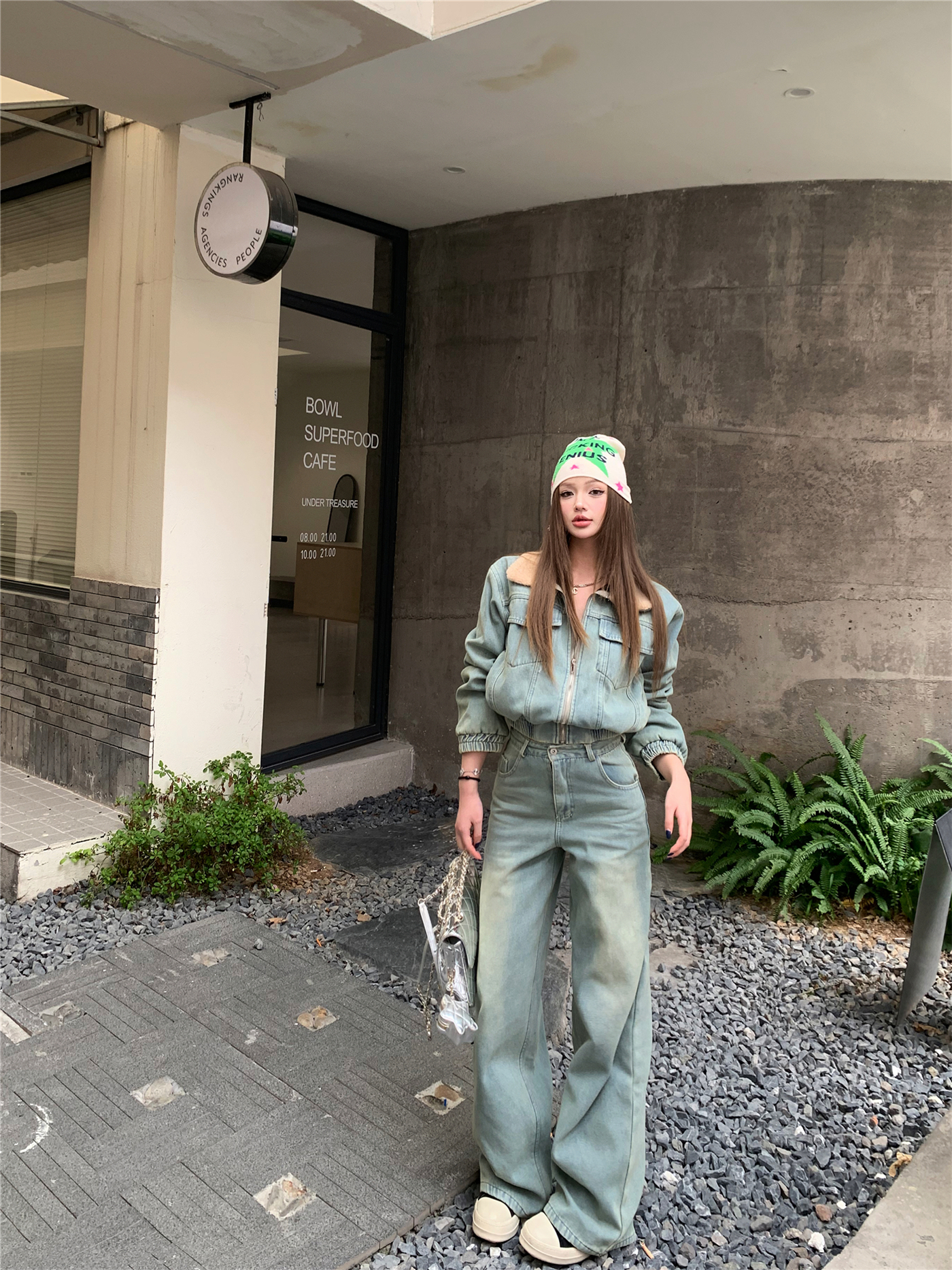 Real shot!  London vacation~Fashionable retro lamb wool lapel plush denim suit with full street feel