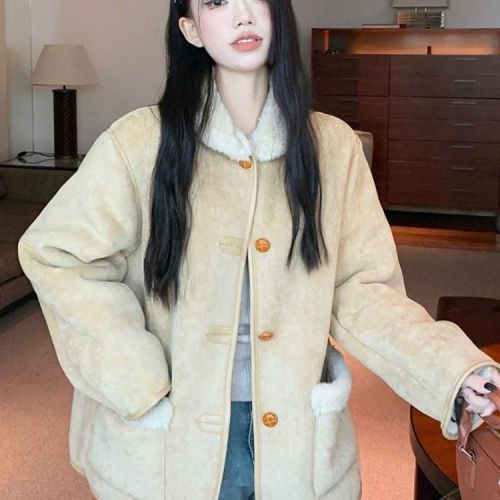 Lamb wool coat women's winter cotton coat new style plus velvet thickened design warm retro suede fur integrated