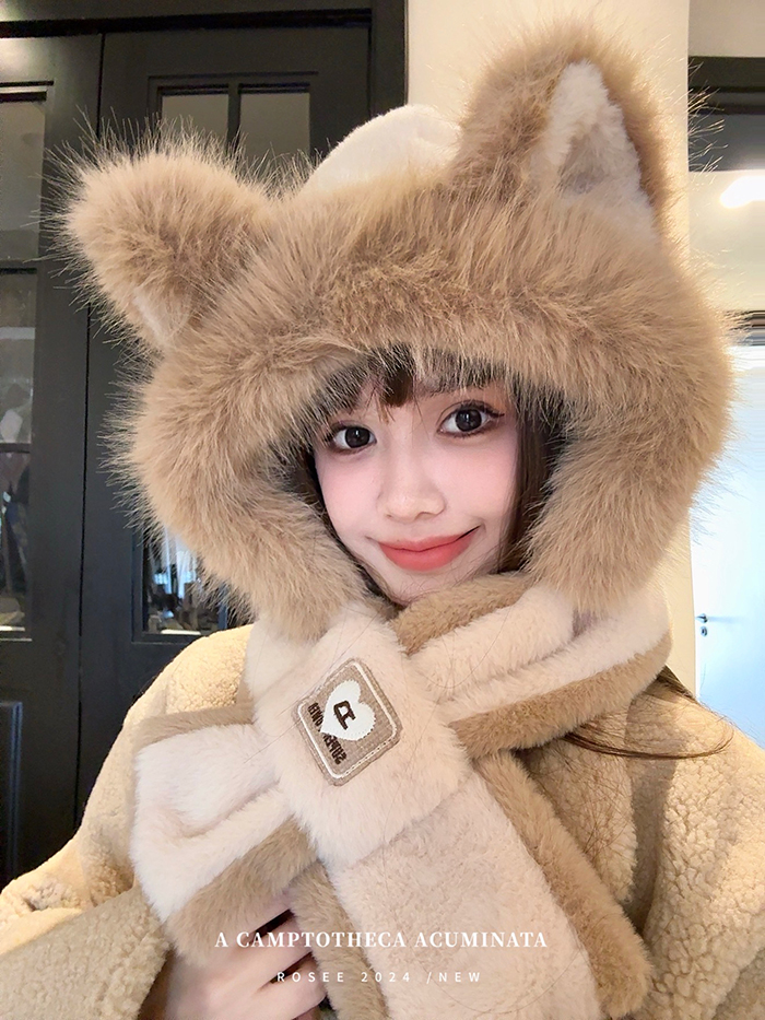 Hand-painted~ Fleece-lined Cute Fox Ear Plush Hat and Scarf Set for Autumn/Winter Warmth and Cold Protection for Women