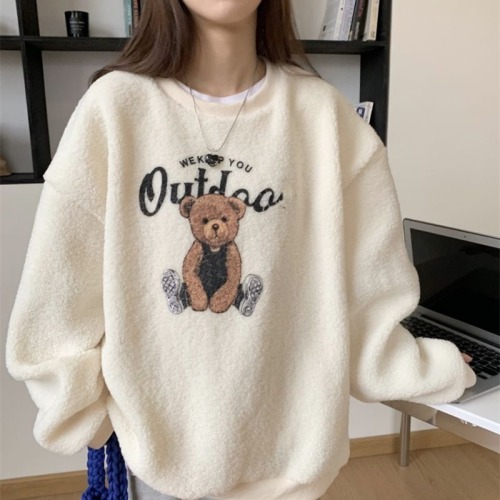 300g lamb plush sweatshirt for women 2024 autumn and winter new style loose plus velvet thickened bear print top trendy