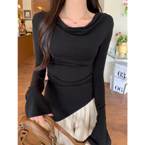 Real shot 1*1 threaded German velvet 270g pleated irregular swing collar long-sleeved T-shirt for women plus velvet and brushed