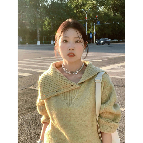 Lapel pullover sweater for women in autumn and winter new style loose lazy solid color versatile soft waxy Korean style design knitted top