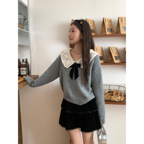 Sweet age-reducing style doll collar bow sweater women's autumn and winter design niche inner wear sweater top