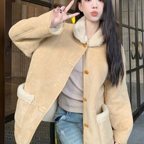 Lamb wool coat women's winter cotton coat new style plus velvet thickened design warm retro suede fur integrated