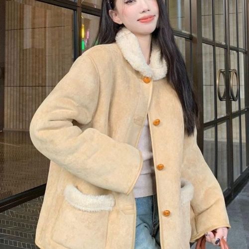 Lamb wool coat women's winter cotton coat new style plus velvet thickened design warm retro suede fur integrated