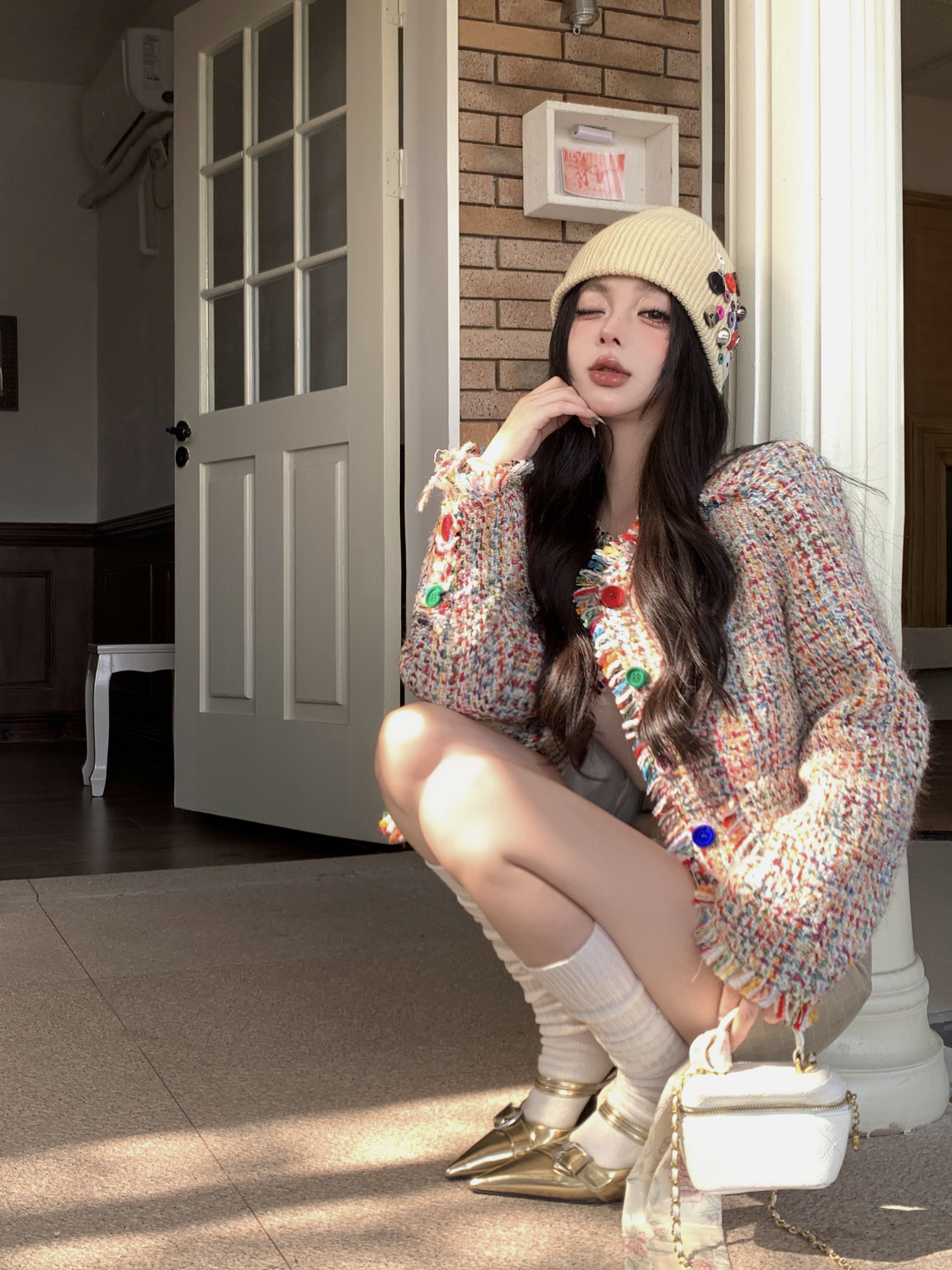Real shot of colorful small fragrant jacket for women in autumn and winter, new style, French high-end temperament, versatile short top