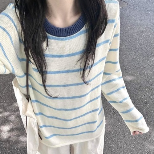 Striped contrast color sweater for women in autumn and winter new soft and waxy long-sleeved round neck pullover slimming versatile Korean style sweater top