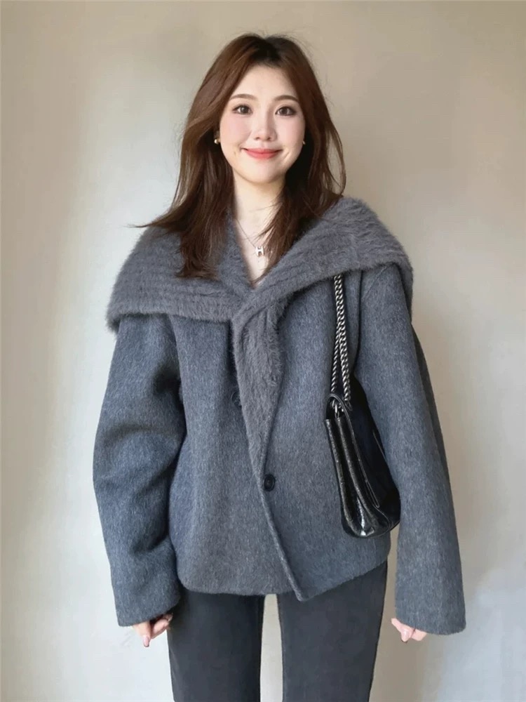 2024 Winter Cashmere Coat Women's New Knitted Collar Large Lapel Wool Woolen Coat Short Jacket