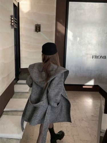 600g silk cotton gray hooded long-sleeved woolen coat loose lazy mid-length elegant cardigan coat