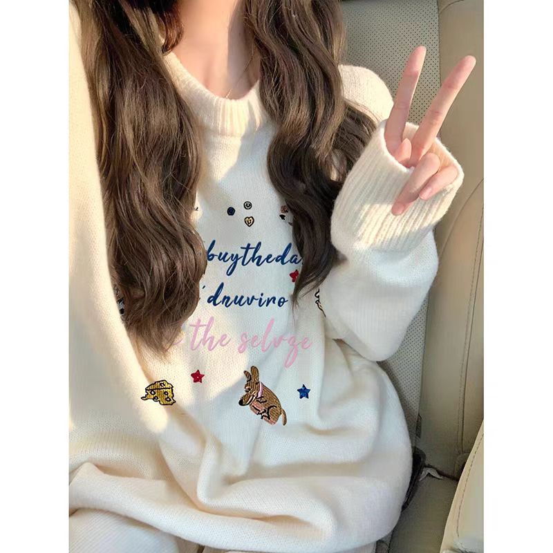 600g high-quality printed sweater, Korean-style soft and fluffy turtleneck women's autumn and winter new milk knitting sweater round neck top