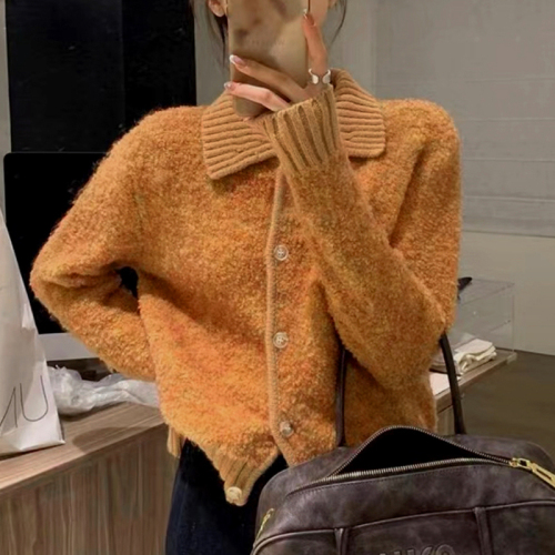 Xiaoxiangfeng Orange Large Lapel Sweater Cardigan Women's New Autumn and Winter Lazy Slim and Chic Short Knitted Jacket