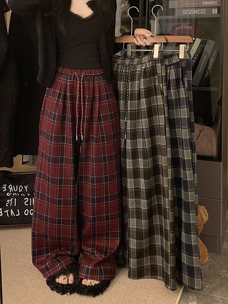 Photographed Retro Checkered Wool Blend Fleece Lined Thick Casual Pants Autumn/Winter Loose High-Waisted Drawstring Wide Leg Pants Floor-Length Pants