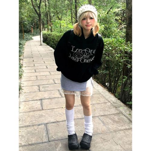 American heavyweight sweatshirt for women in autumn and winter plus velvet letter print casual hooded jacket oversize black top