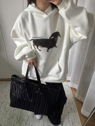 American hiohop white hooded dachshund print sweatshirt for women niche simple loose versatile top autumn and winter trend