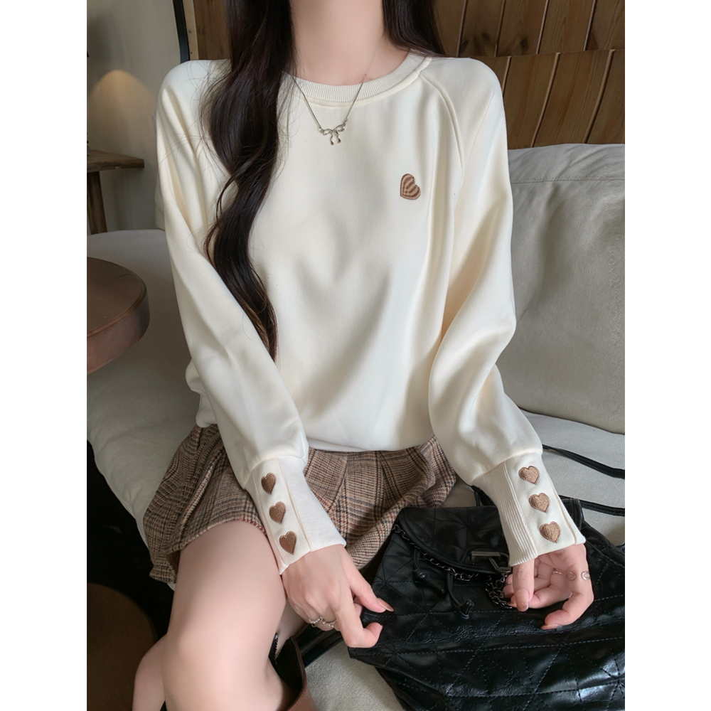 Real shot Chinese cotton composite American round neck sweatshirt for women plus velvet and thickened embroidered love
