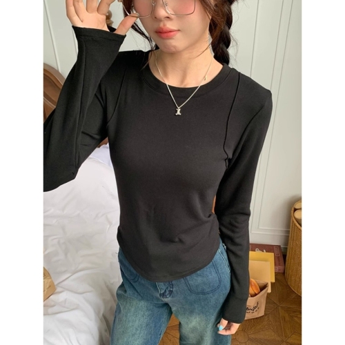 Official picture of high-elastic ribbed German velvet slim round-neck brushed bottoming shirt, versatile solid color long-sleeved T-shirt