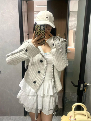 Designed ribbon large lapel knitted cardigan women's 2024 autumn new loose slimming temperament long-sleeved sweater jacket