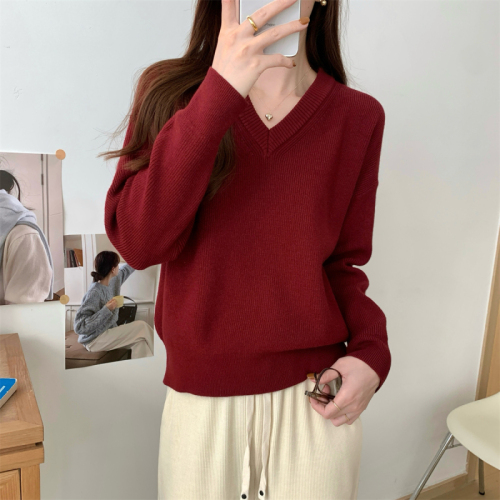 Real shot of autumn and winter Korean style loose v-neck versatile solid color Andy velvet sweater long-sleeved inner sweater top