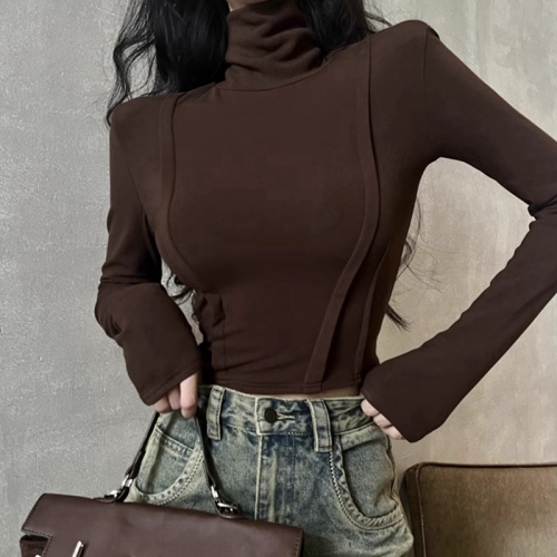 Official picture of high-elastic ribbed German velvet autumn and winter tight elastic sexy short long-sleeved T-shirt top trendy