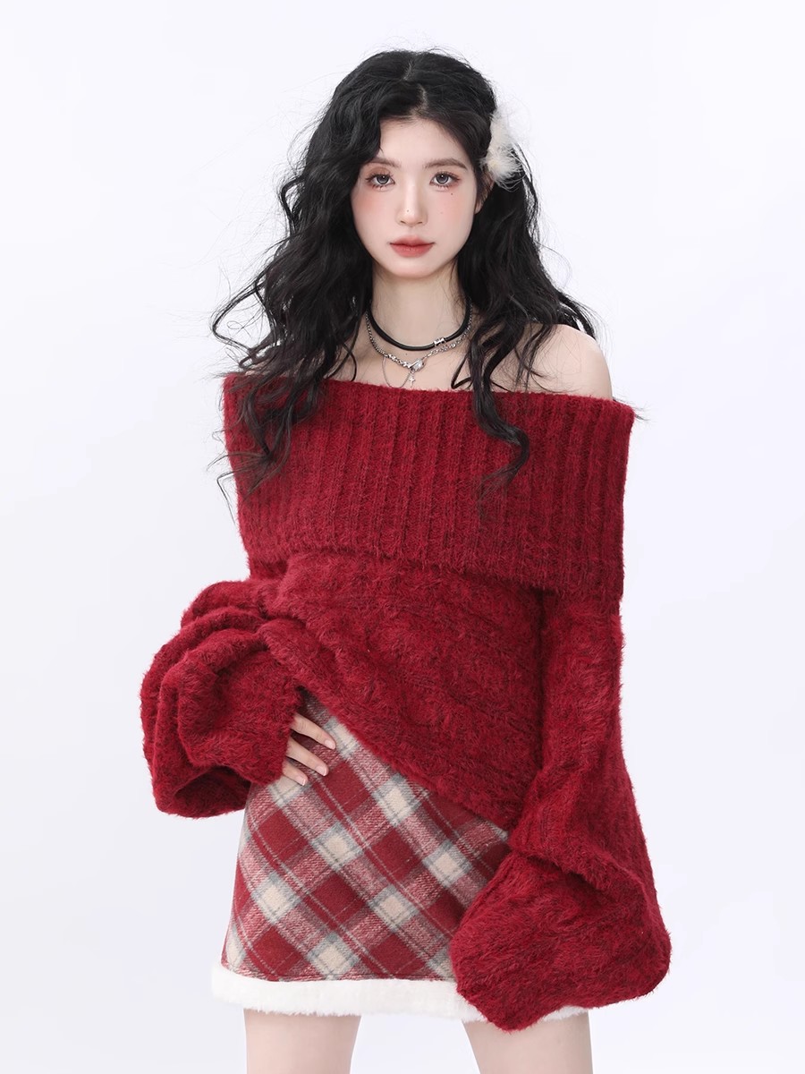 AONW Autumn/Winter New Arrival "Winter Love Song" Christmas New Year Date Battle Dress, Luxurious One-Shoulder Sweater for Women